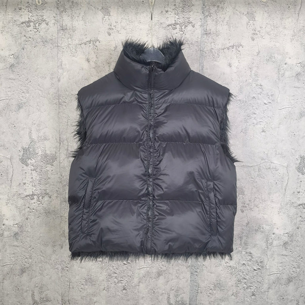 Navy puffer vest with faux-fur trim, full zipper front, quilted panel stitching