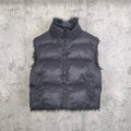 Navy puffer vest with faux-fur trim, full zipper front, quilted panel stitching