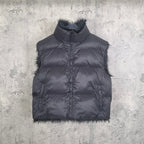 Navy puffer vest with faux-fur trim, full zipper front, quilted panel stitching