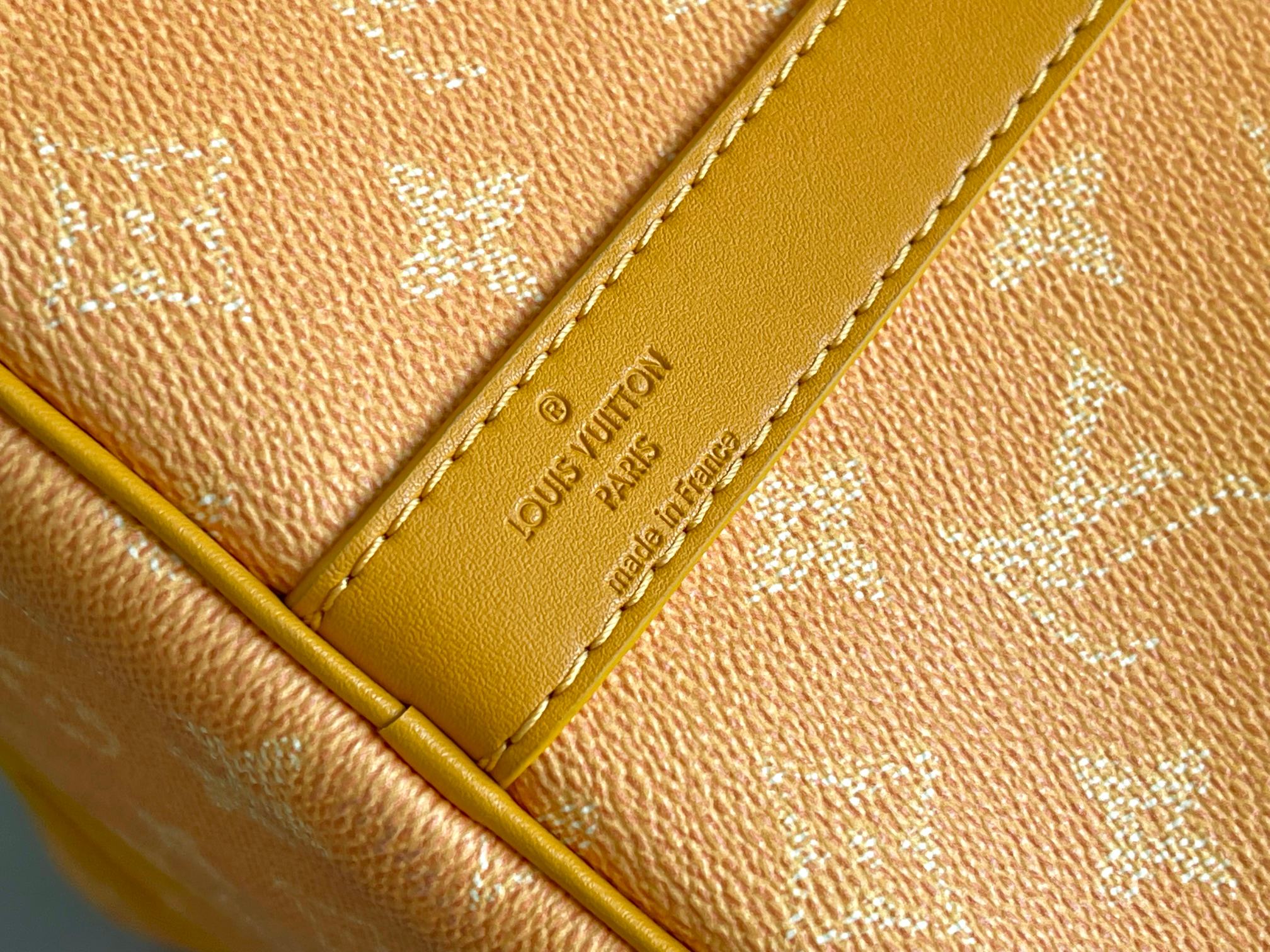 Louis Vuitton Paris-engraved leather tab on monogram bag