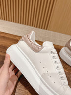 White and rose-gold leather sneakers with lace-up front and quilted heel panel