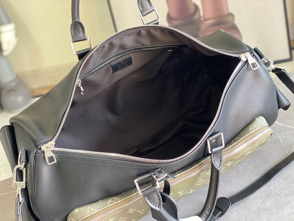 Louis Vuitton men’s duffle bag interior view with zipper opening and side pocket panel