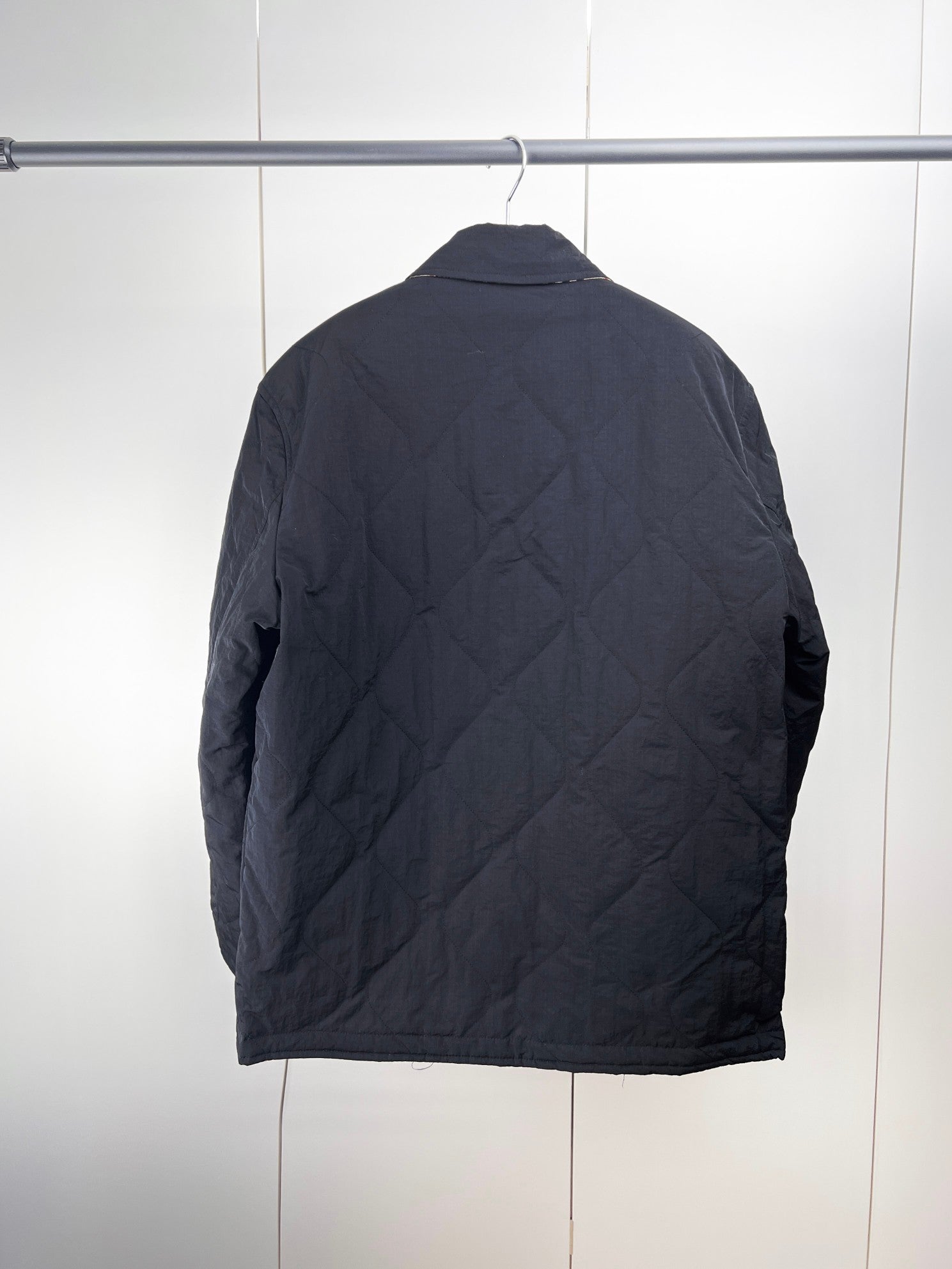 Quilted jacket back view, dark navy with stand collar