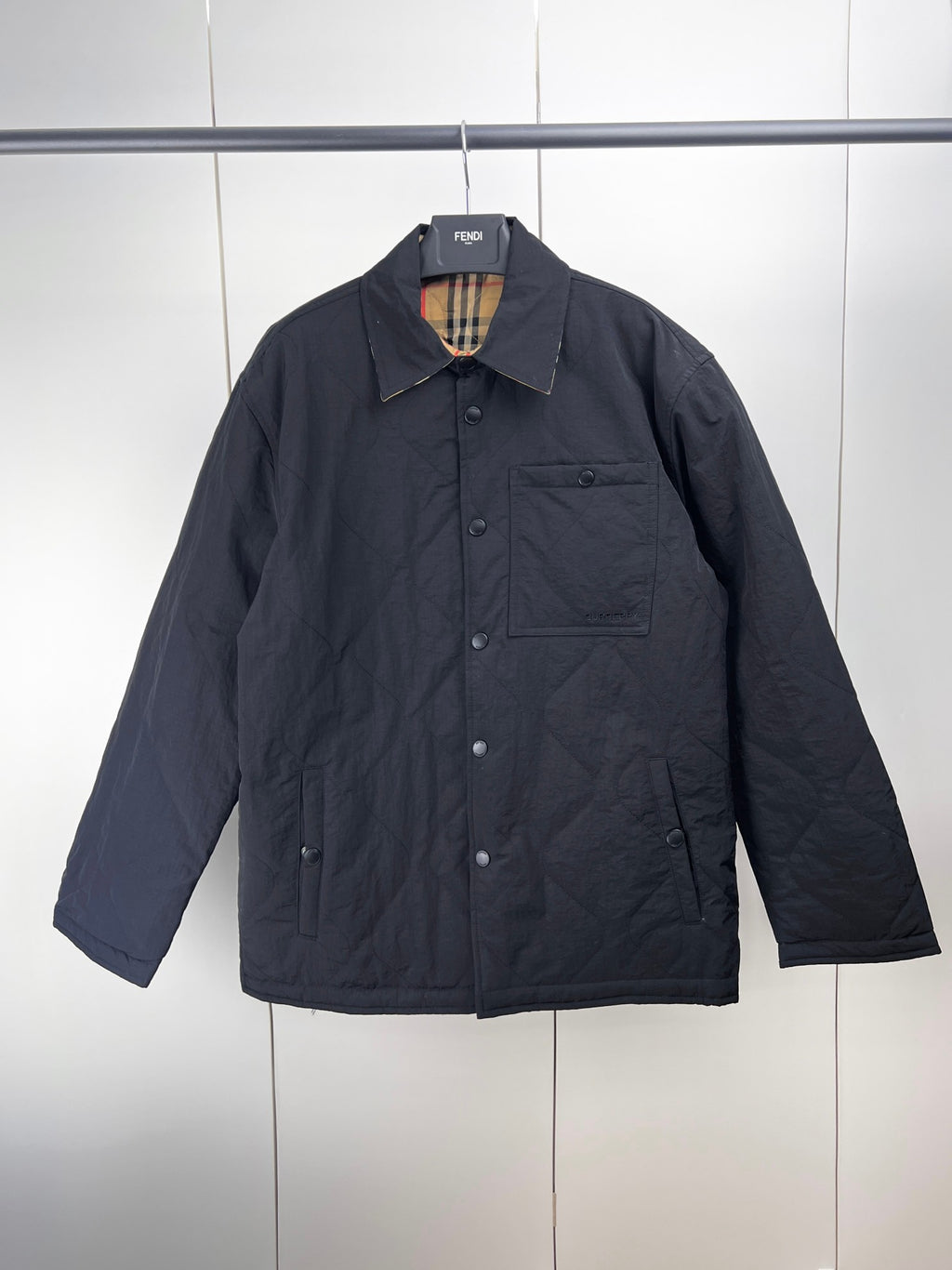 Burberry long quilted jacket, dark navy, button-front with stand collar