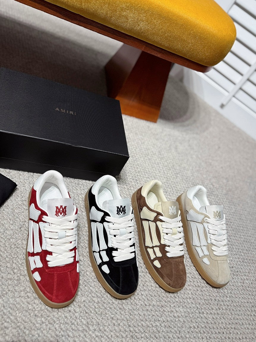 Set of suede sneakers, red/black/brown/cream styles with white laces