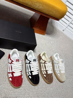 Set of suede sneakers, red/black/brown/cream styles with white laces