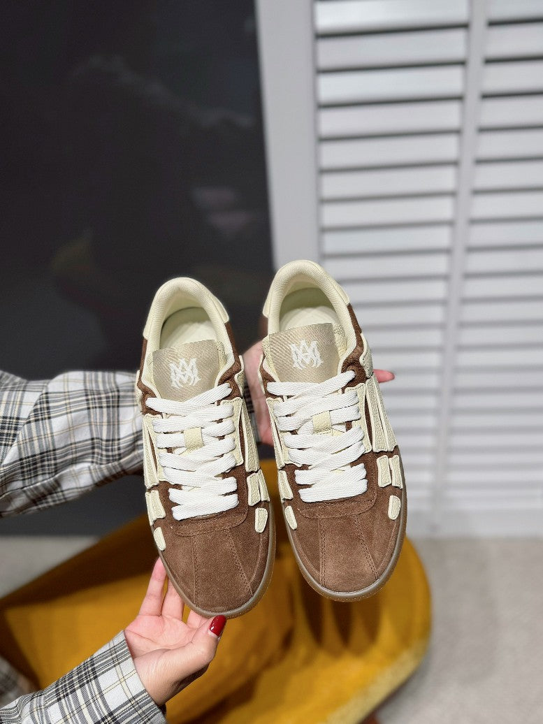 Suede sneakers, brown and cream with white laces, side logo and tongue label