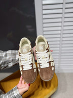 Suede sneakers, brown and cream with white laces, side logo and tongue label