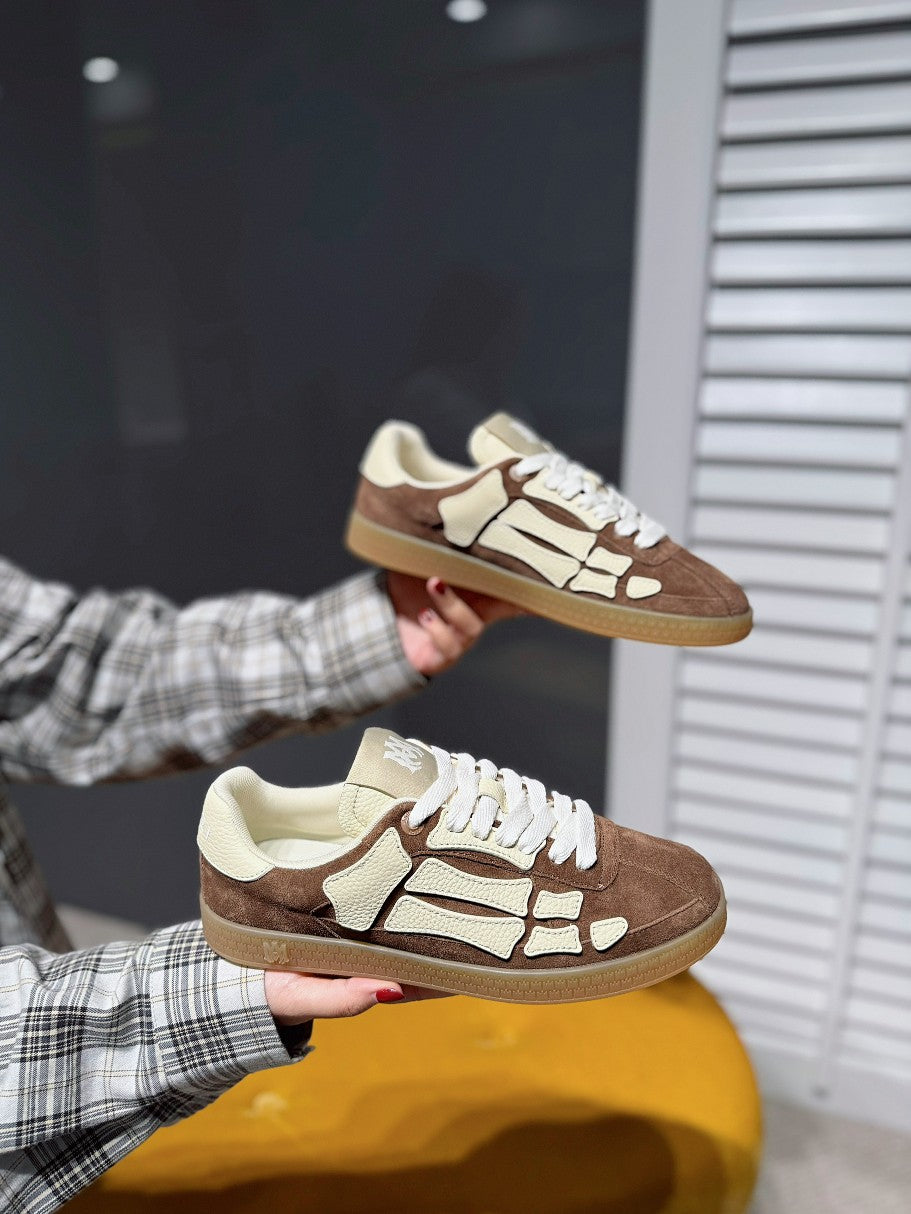 Suede sneakers, brown and cream with white laces and logo patch design