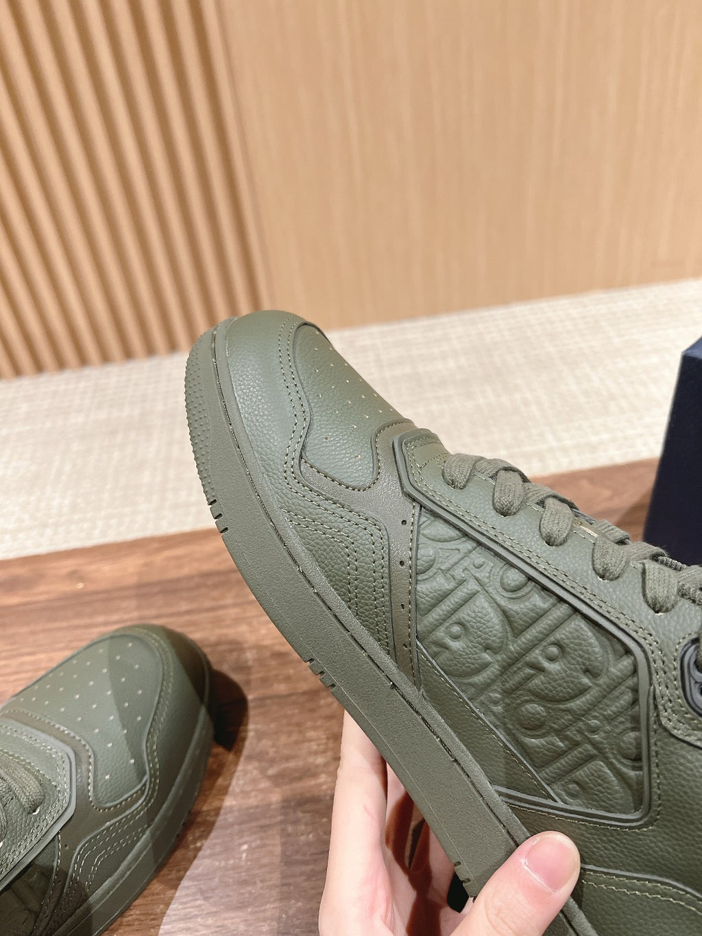 Dior unisex sneaker upper, olive green with embossed side pattern and lace eyelets