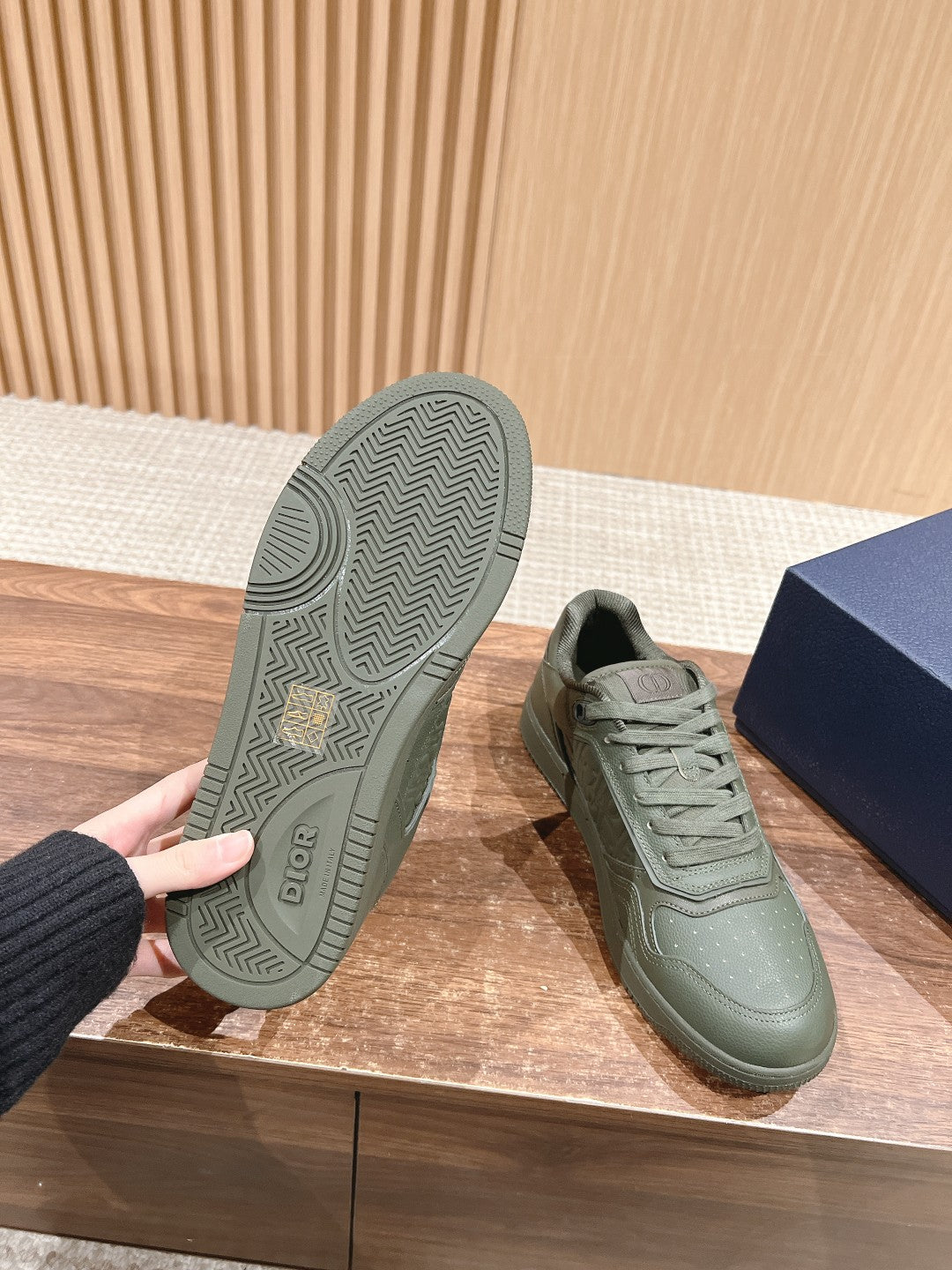 Dior unisex sneakers, olive green with treaded rubber outsole and lace-up upper