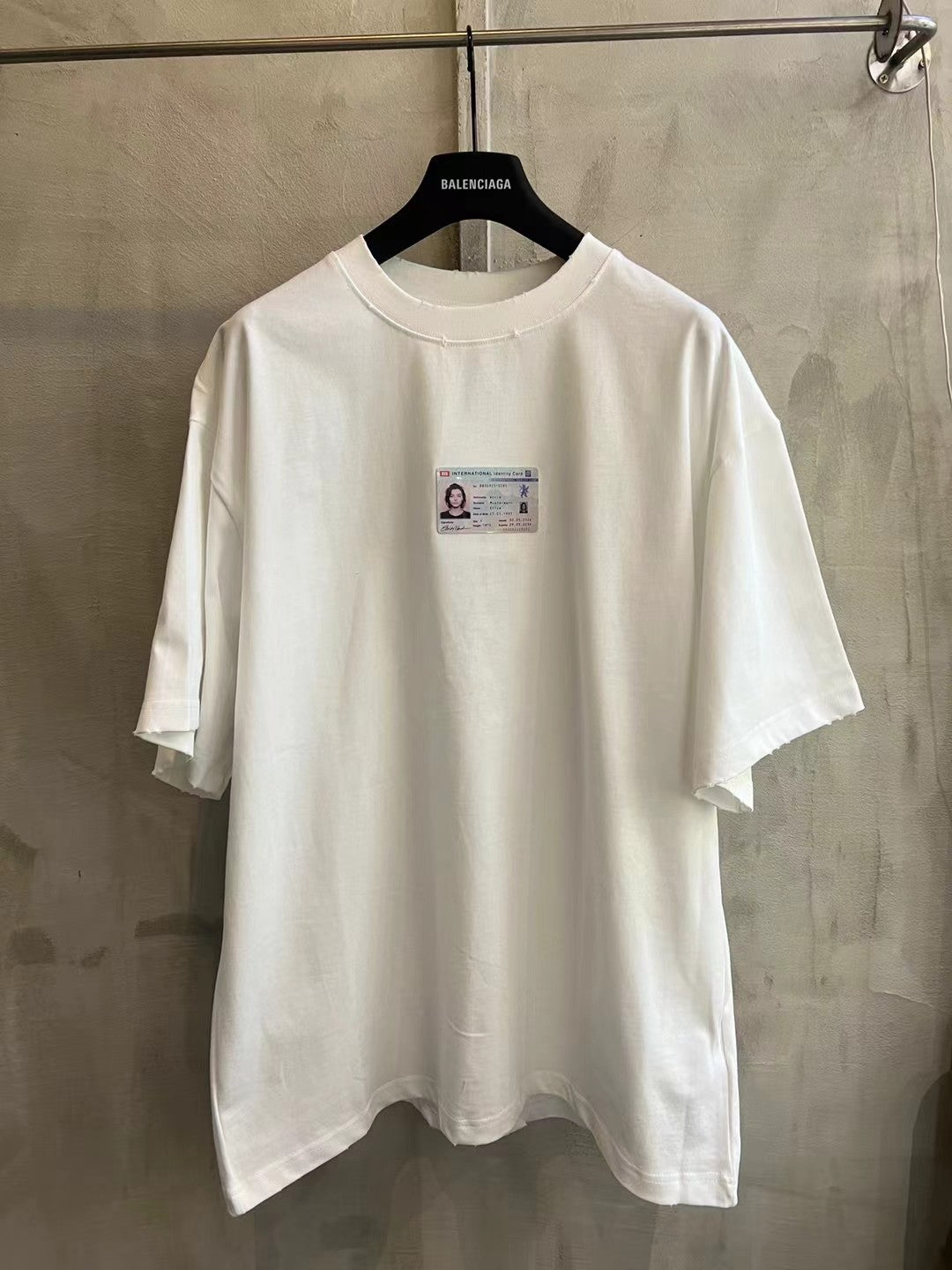 Balenciaga white short-sleeve T-shirt with small ID card graphic on chest