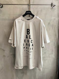 White short-sleeve T-shirt with black vertical BALENCIAGA logo on the front
