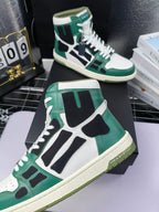 Green and white high-top lace-up sneakers with black panels and white laces, cream sole.