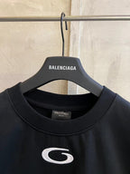 Balenciaga graphic T-shirt neckline, dark navy with small G logo detail