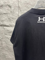 Dark navy short-sleeve T-shirt, back view with white corner logo