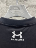 Dark navy T-shirt collar with white emblem and BALENCIAGA text logo