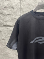 Dark graphic crewneck T-shirt with large chest logo