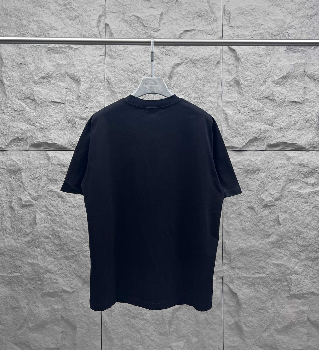 Dark graphic crewneck T-shirt, back view