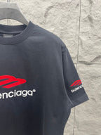 Balenciaga short-sleeve T-shirt in dark navy with red logo on front sleeve