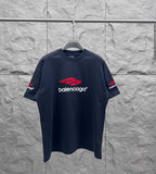 Balenciaga short-sleeve T-shirt in dark navy with red logo and white “balenciaga” print