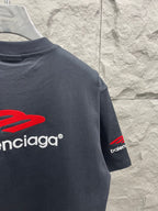 Balenciaga dark T-shirt with red logo on back shoulder and sleeve