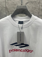 White Balenciaga T-shirt neckline with logo graphic and hanging tag