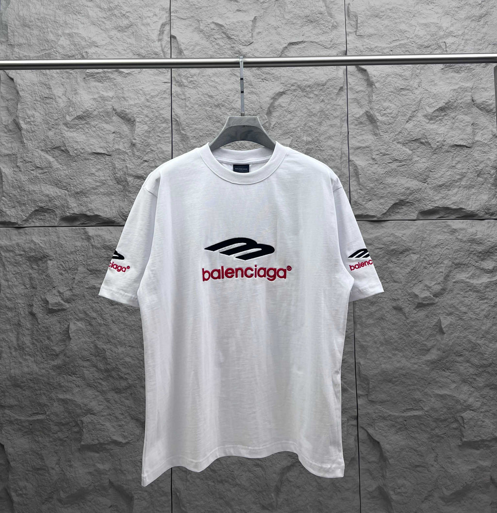 White Balenciaga crewneck T-shirt with front logo print and short sleeves
