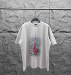 White short-sleeve T-shirt with red Eiffel Tower graphic and scripted logo