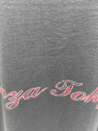 Close-up of dark gray T-shirt hem with red cursive logo text