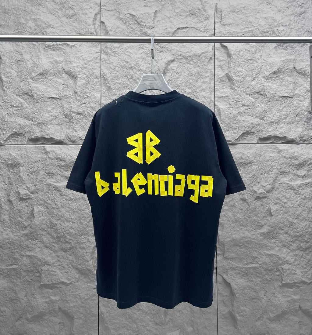 Navy Balenciaga logo T-shirt with yellow back graphic and emblem