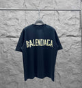 Navy Balenciaga logo T-shirt with large yellow front graphic
