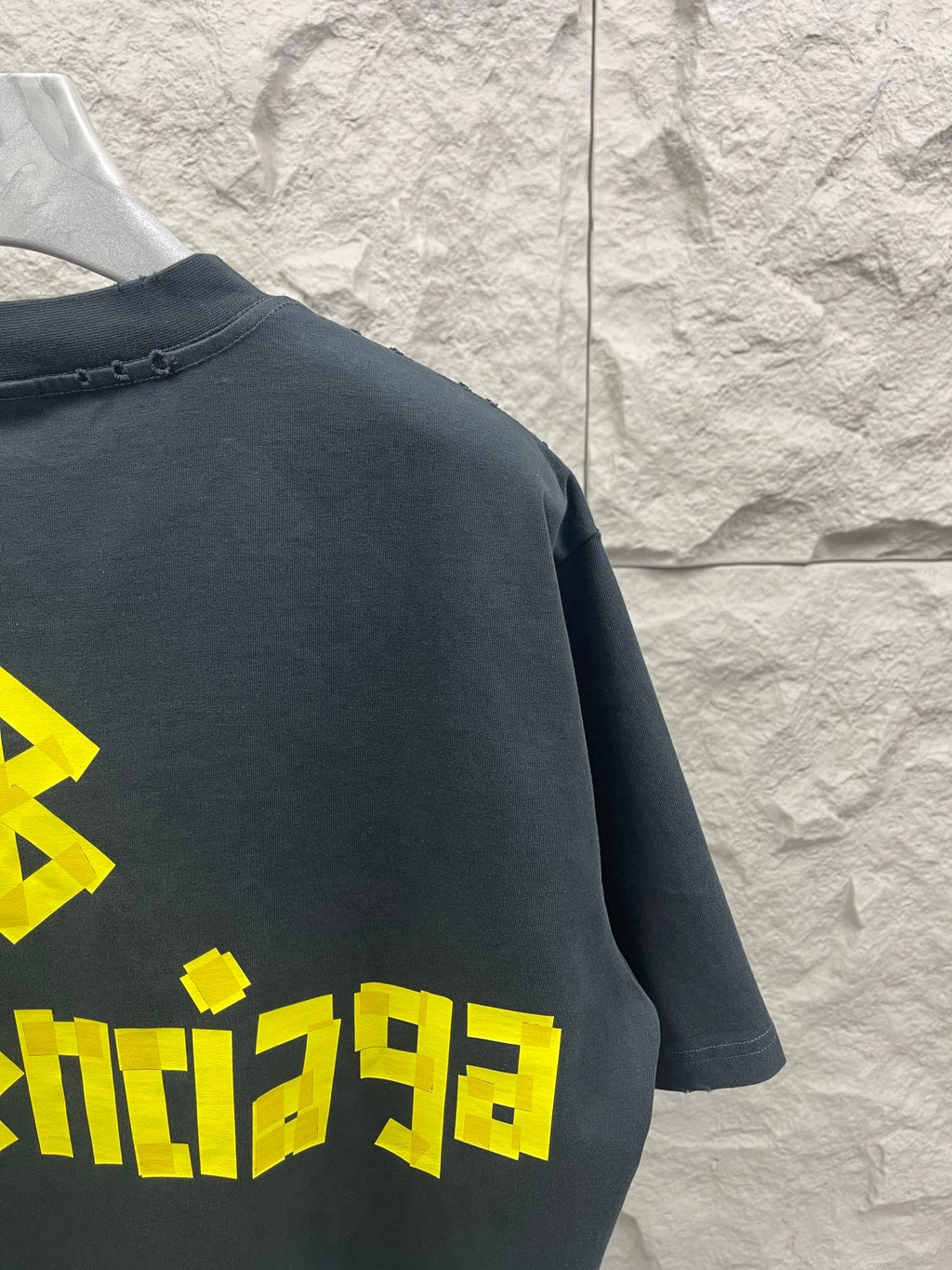 Dark Balenciaga logo T-shirt back with yellow graphic text detail