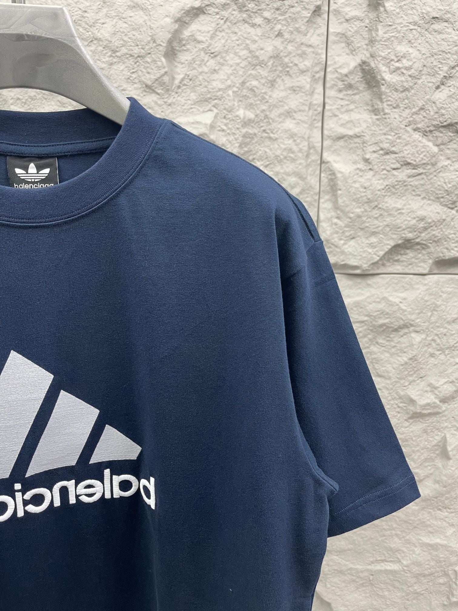 Balenciaga T-shirt sleeve detail, navy blue, large logo print
