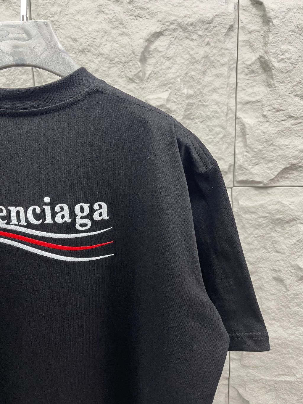 Balenciaga T-shirt back logo stripe detail on dark fabric