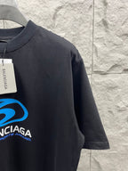 Balenciaga short-sleeve T-shirt with partial blue logo graphic and sleeve hem