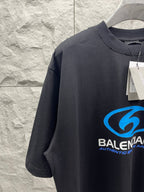 Balenciaga short-sleeve T-shirt, dark fabric with blue logo graphic on chest