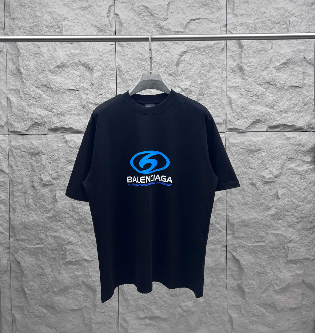 Balenciaga short-sleeve T-shirt, dark fabric with blue front logo graphic