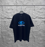 Balenciaga short-sleeve T-shirt, dark fabric with blue front logo graphic