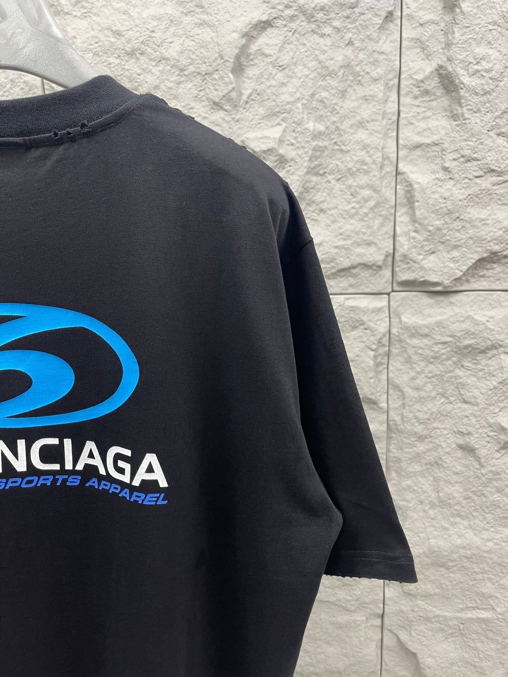 Balenciaga short-sleeve T-shirt back with blue logo print, side view