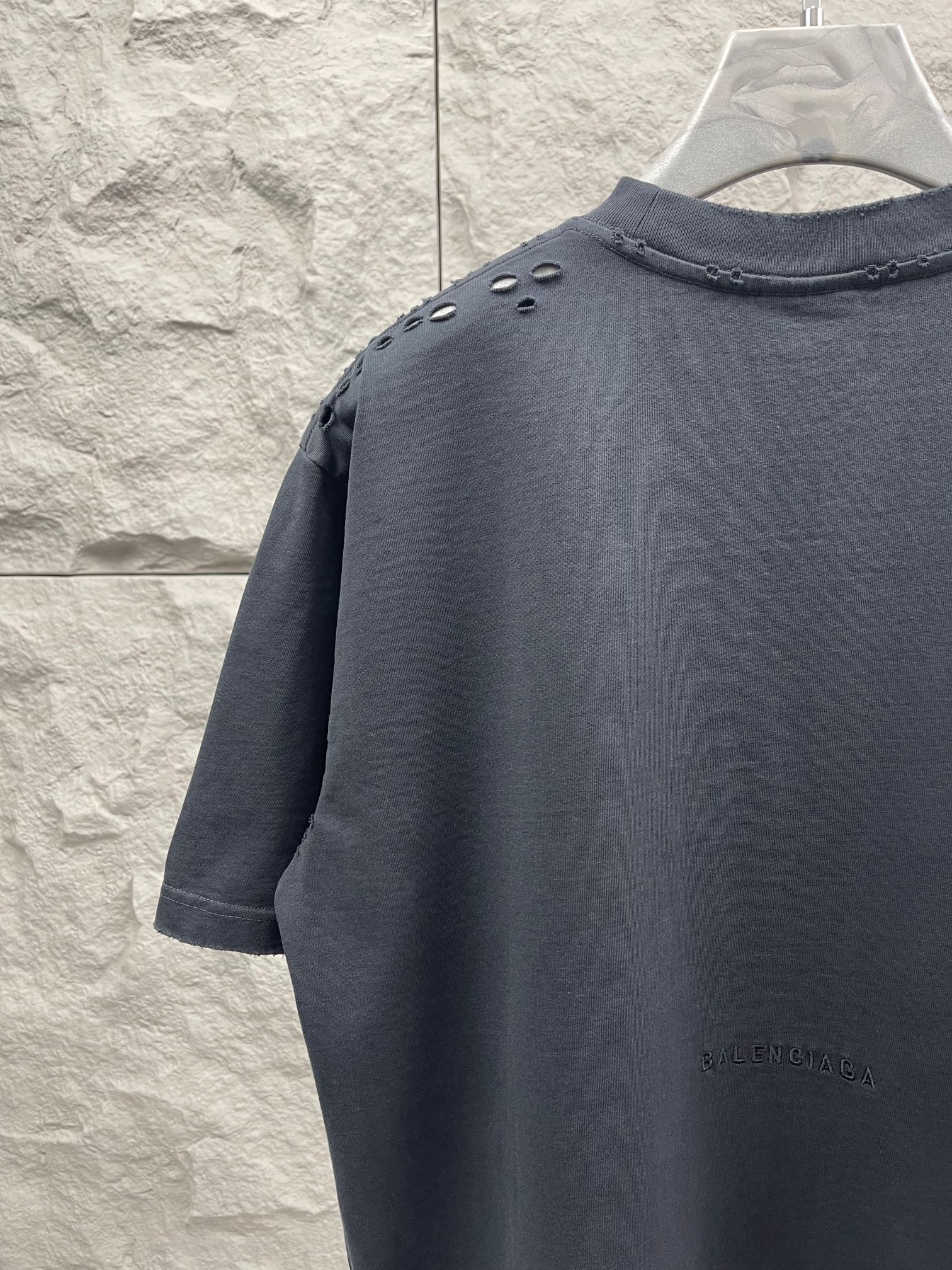 Balenciaga dark navy T-shirt back with distressed shoulder holes