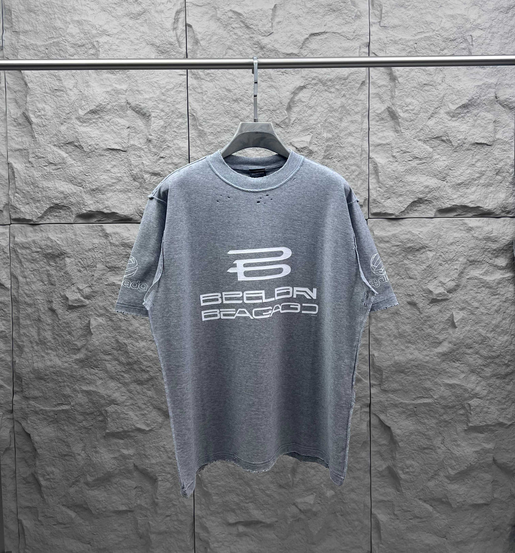 Grey crewneck T-shirt with large front logo graphic and short sleeves.