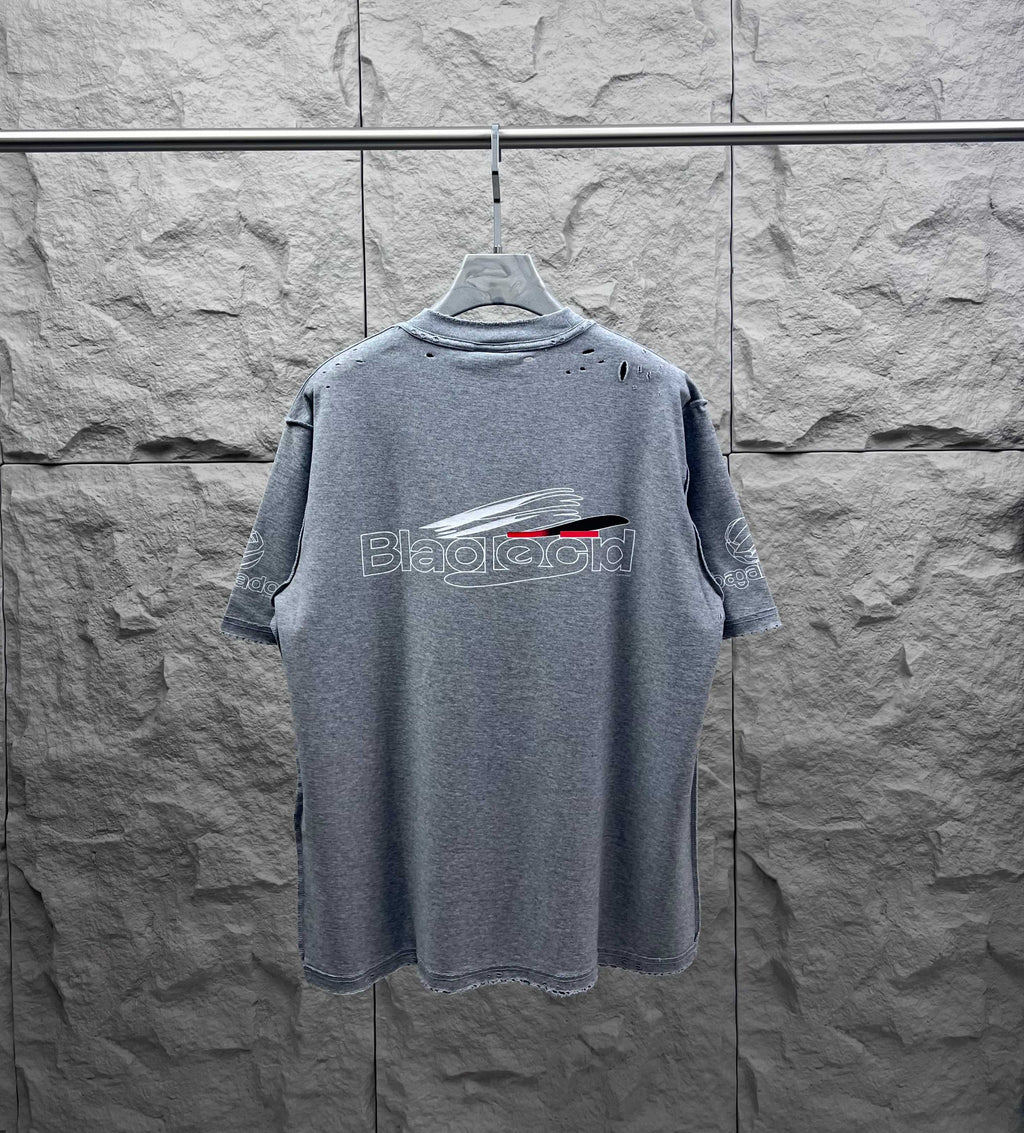Grey crewneck T-shirt with large back logo print.