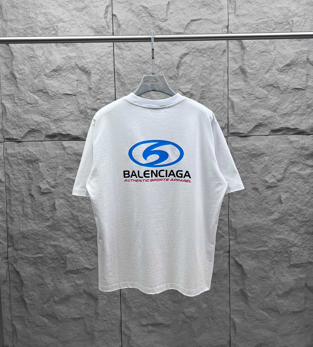 White short-sleeve T-shirt with blue Balenciaga back logo graphic