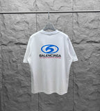 White short-sleeve T-shirt with blue Balenciaga back logo graphic
