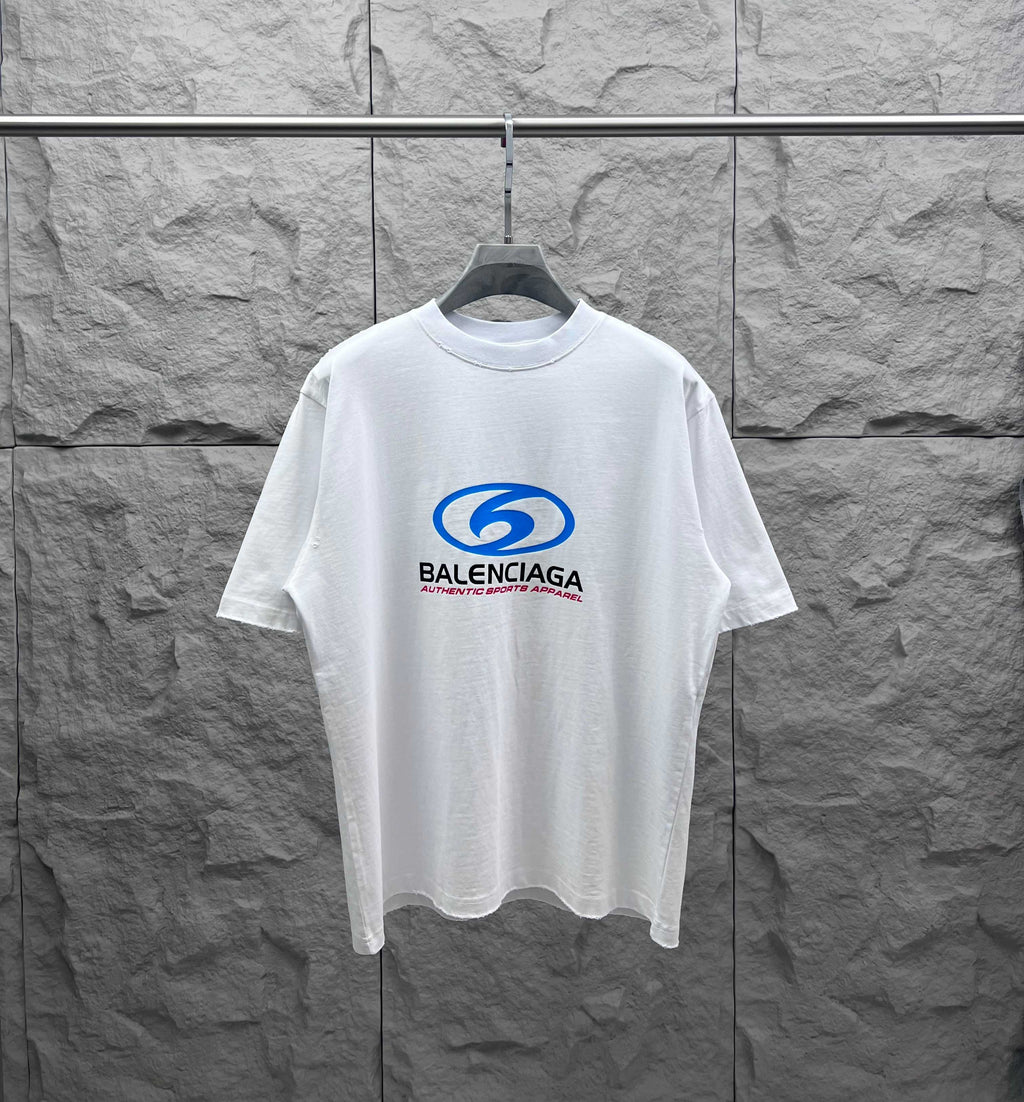 White short-sleeve T-shirt with blue Balenciaga chest logo graphic