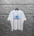 White short-sleeve T-shirt with blue Balenciaga chest logo graphic