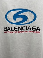 White short-sleeve T-shirt with large blue Balenciaga logo and brand text