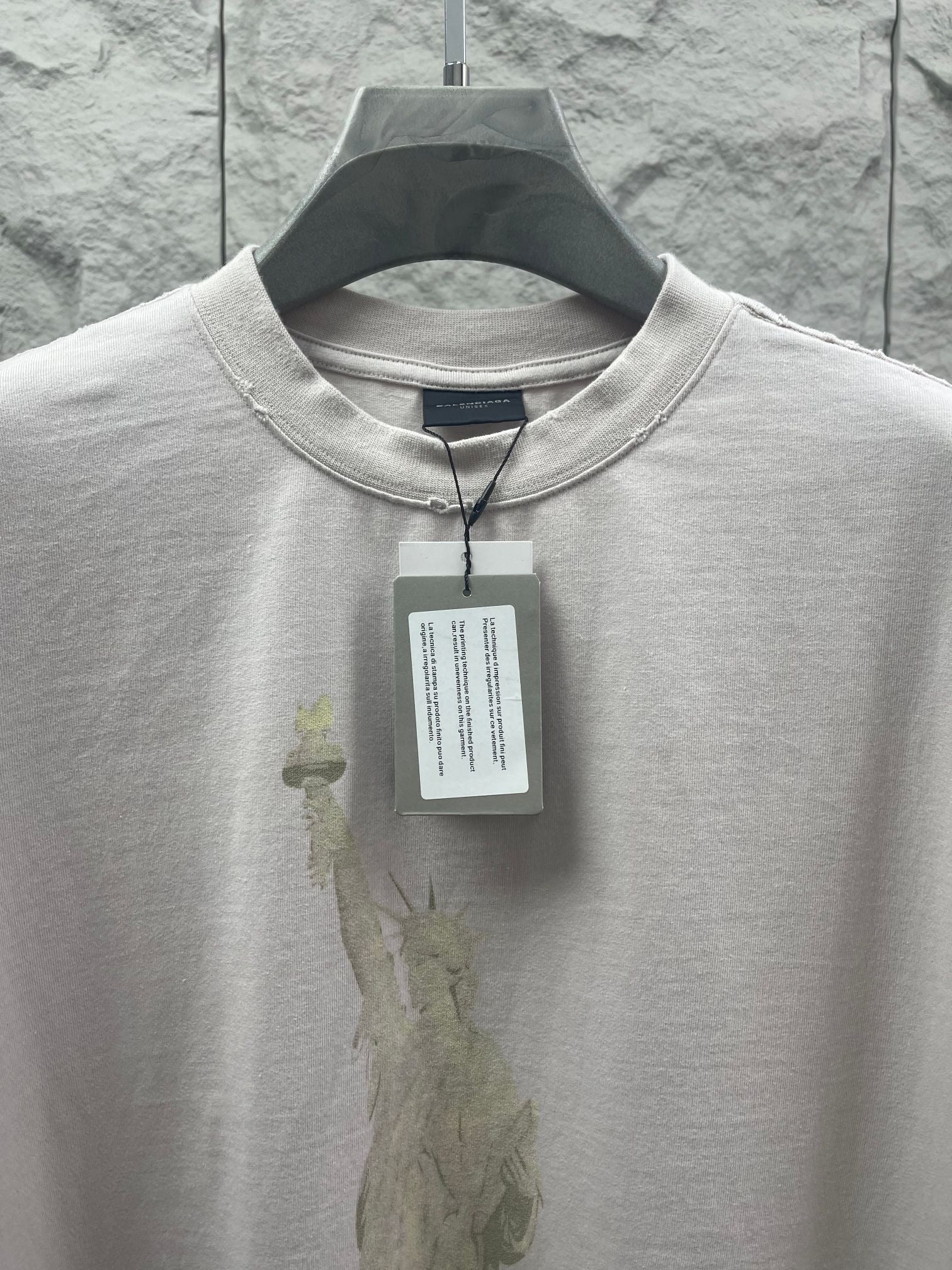 Balenciaga white T-shirt neckline with hang tag and Statue of Liberty front print