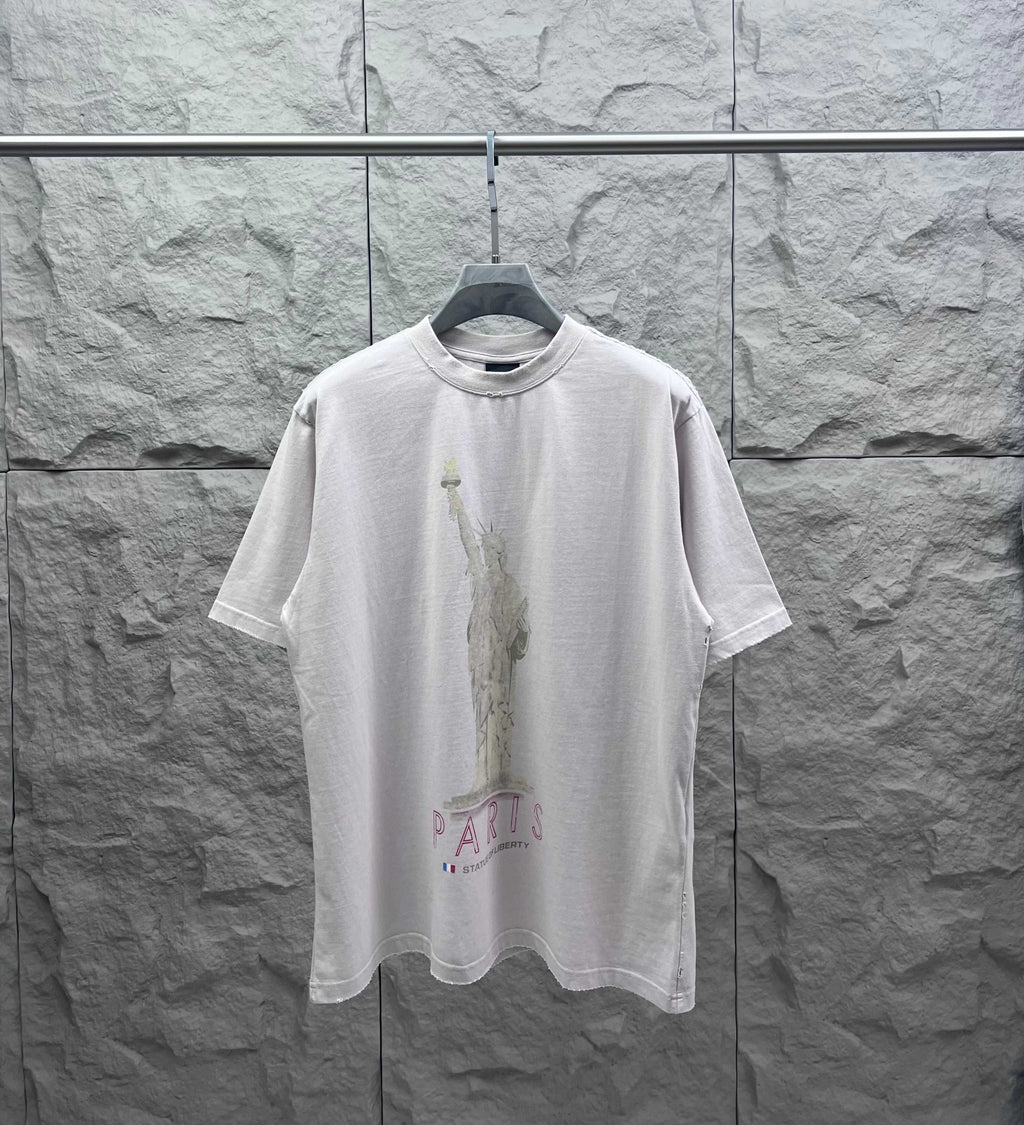 Balenciaga white T-shirt with front Paris graphic and Statue of Liberty print